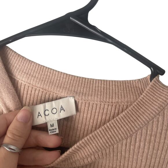 Acoa Women Medium Beige Ribbed Sweater Fall Bodycon Ruched Above Knee‎ Dress - Picture 5 of 7